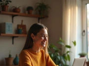 A smiling woman entrepreneur uses a laptop in a cozy home office setting.