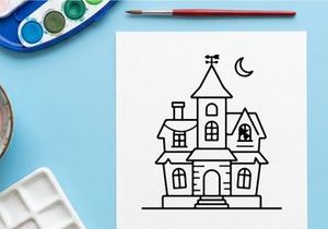 Ilustração vetorial de casa mal-assombrada com lua. Desenho clássico de mansão assustadora para projetos de design de Halloween.