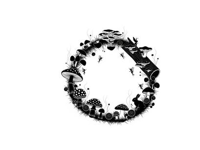 Silhouette of various mushrooms and fungi in a circular pattern