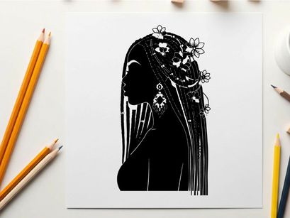 Silhouette of a woman wearing a beaded headdress