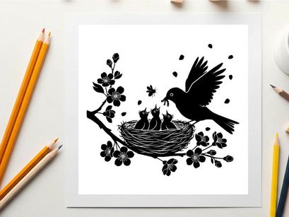 Silhouette of bird feeding chicks in nest on blooming branch