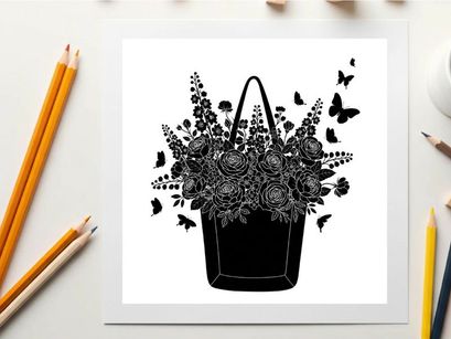 Silhouette of a floral handbag with butterflies and flowers