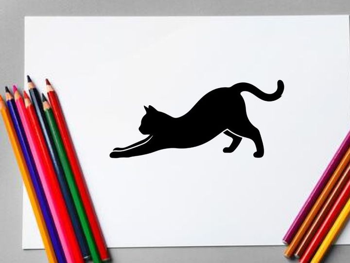 Silhouette of a playful black cat stretching on white background