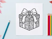Christmas gift box with swirl pattern bow, black and white line art coloring page design.