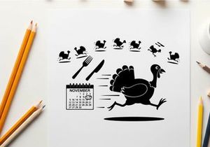 Black silhouette of a running turkey with utensils and calendar
