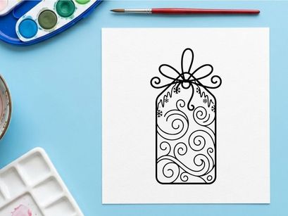 Decorative gift tag with swirl patterns and snowflake line art