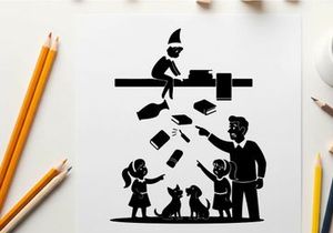 Silhouette of a teacher and students with falling books and a dog