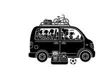 Silhouette of a family's road trip adventure with bicycle and soccer ball