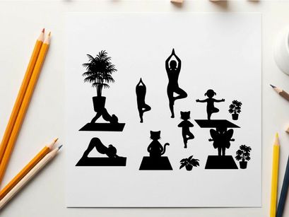 Yoga poses in various colors with silhouette figures and plants