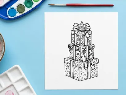 Stack of Christmas gift boxes with ribbons and bows, black and white line art illustration.