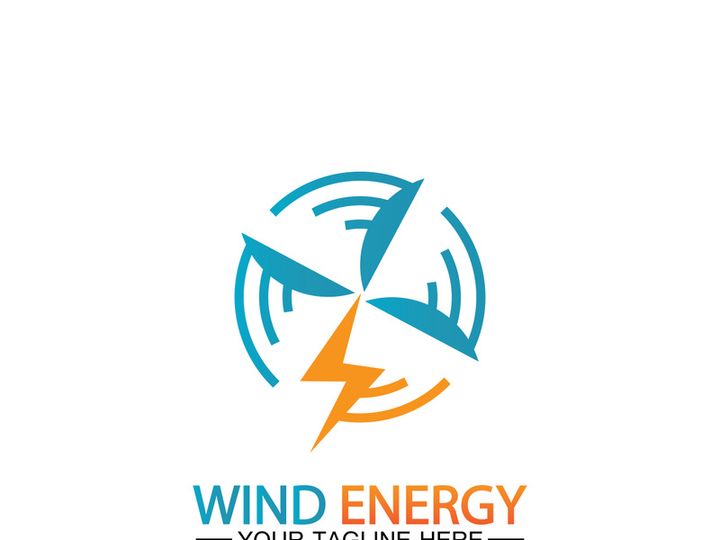 Wind energy logo. renewable energy icon with wind turbines and thunder bolt isolated on white background