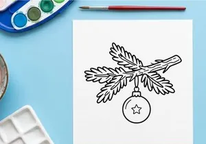 Christmas tree branch with hanging bauble ornament line art drawing