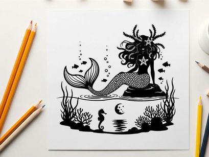 Mermaid silhouette sitting on rock surrounded by ocean creatures and seaweed silhouette