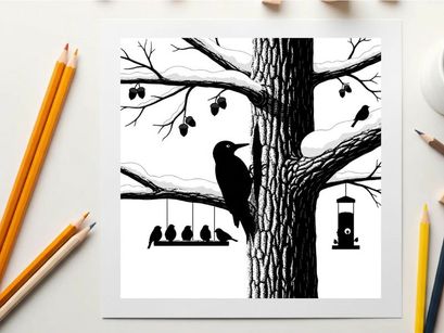 Silhouette of birds on a tree with bird feeders and branches