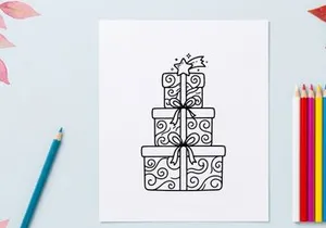 Stapel Weihnachtsgeschenkboxen mit Bändern und Stern-Aufsatz, Schwarz-Weiß-Liniengrafik.