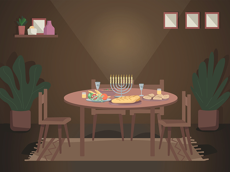 Dinner for hanukkah flat color vector illustration
