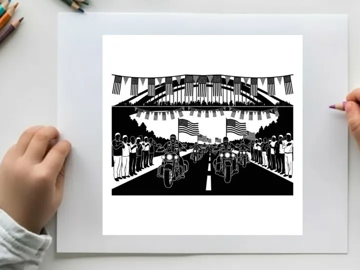 Vintage silhouette of a patriotic parade with american flags waving