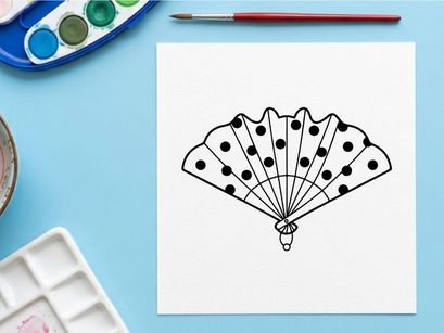 Ilustração de leque dobrável com bolinhas. Ícone de leque de mão decorativo com padrão preto e branco.