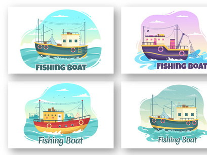 12 Fishing Boat Vector Illustration