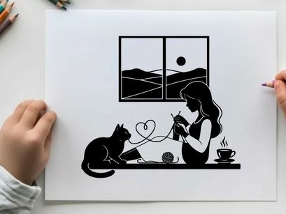 Silhouette of a woman knitting with cat and scenic view