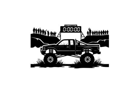 Truck silhouette racing on a track with a crowd and scoreboard