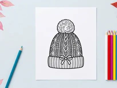 Hand-drawn winter knit hat with snowflake pattern and pom pom for festive holiday fashion