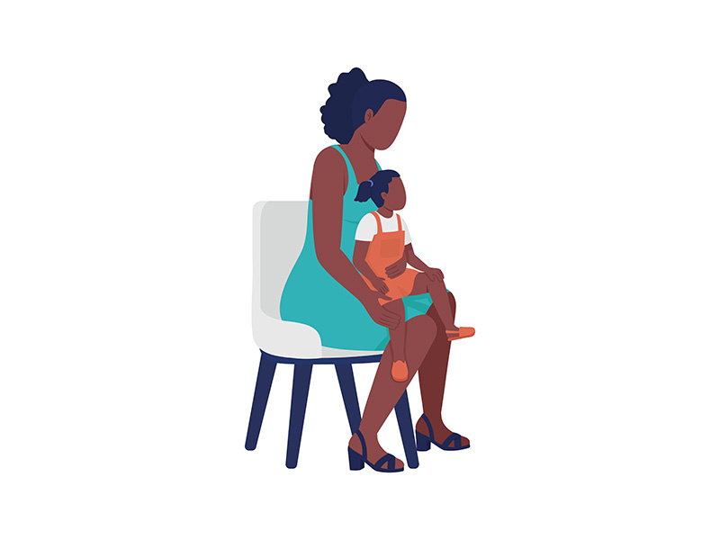 Mother with little daughter on knee semi flat color vector characters