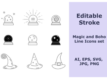 Magic line icons set with editable stroke preview picture