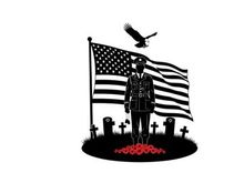 American soldier silhouette with flag and cemetery