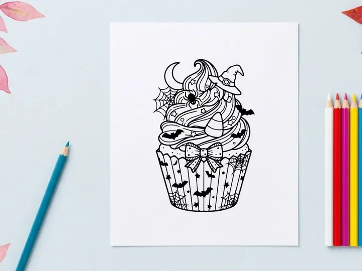 Halloween cupcake coloring page. Festive dessert illustration with witch hat and bats.