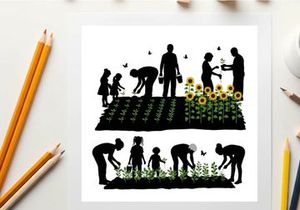 Family gardening silhouette with sunflowers and children helping