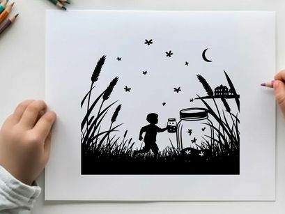 Child releasing fireflies in a serene silhouette landscape at dusk