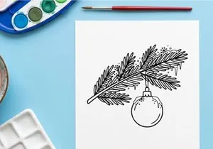 Christmas tree branch with hanging bauble ornament, hand drawn line art sketch illustration.