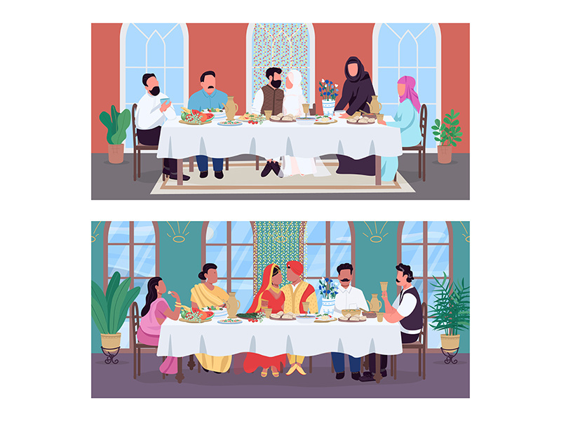 Traditional oriental wedding dinner flat color vector illustration set