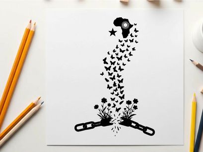 Silhouette of a broken chain with butterflies and flowers emerging