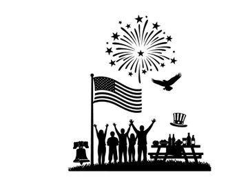 Patriotic silhouette of people celebrating with fireworks and american flag preview picture