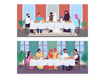 Traditional oriental wedding dinner flat color vector illustration set preview picture