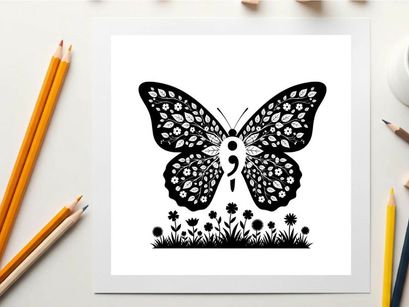 Silhouette of a butterfly with floral patterns and grass