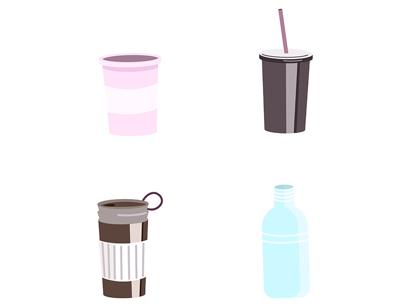 Reusable cups and bottles flat color vector objects set