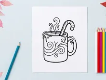 Steaming hot cocoa mug with candy cane stirrer for festive Christmas celebration