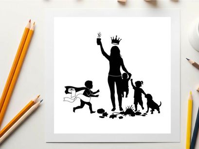 Silhouette of a woman and children playing outside with a dog
