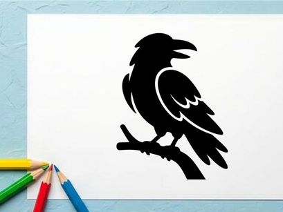 Silhueta de um Corvo em um Galho em Preto e Branco