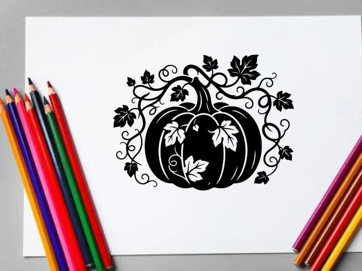 Silhouette labu dengan detail sulur melingkar dan daun untuk dekorasi musim gugur