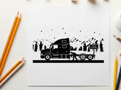 Truck and dog silhouette in winter landscape with mountains