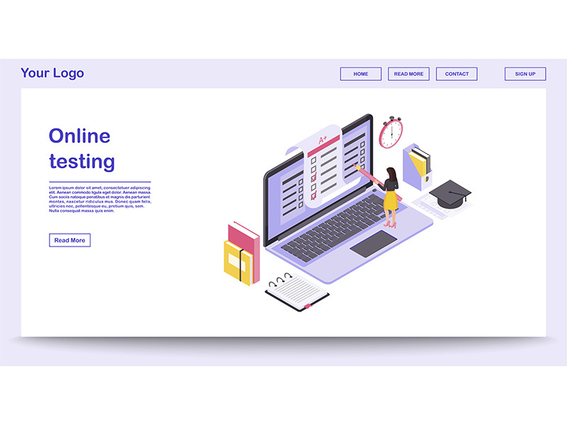 Online testing webpage vector template with isometric illustration