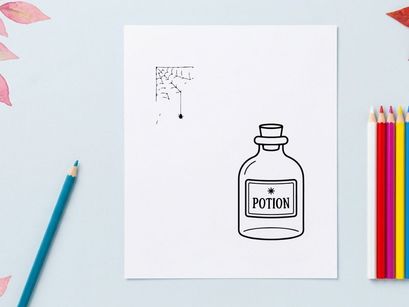 Hand-drawn magic potion bottle with cork stopper. Vintage apothecary elixir sketch for fantasy or herbal themes.