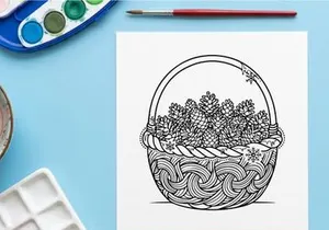 Woven basket filled with pine cones line art illustration