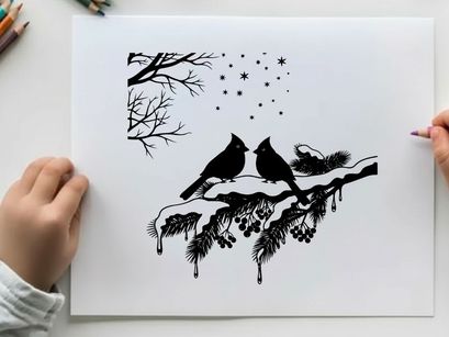 Silhouette of two birds on snowy pine branch with stars