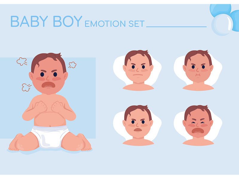 Shouting angry baby semi flat color character emotions set