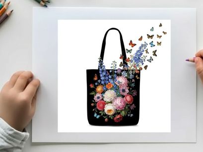 Vibrant floral silhouette design on black tote bag with butterflies